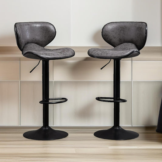 Set Of 2 Height Adjustable 360 PU Leather Swivel Barstools Dark Grey