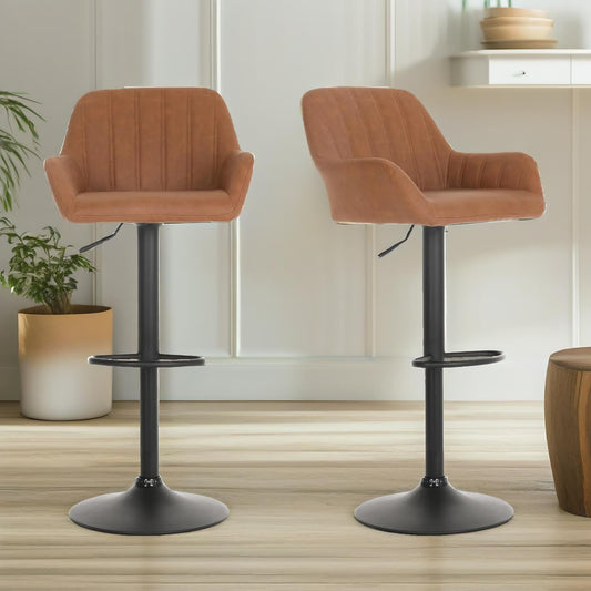 Set Of 2 Height Adjustable Swivel Barstools With Backrest Footrest Brown