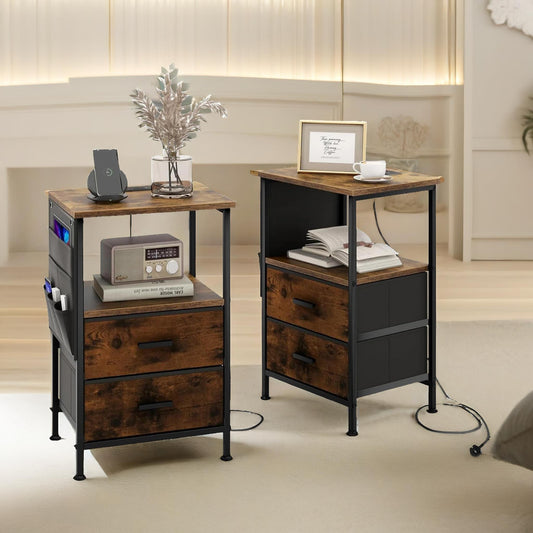 Set Of 2 Bedroom Bedside Nightstand Tables With Charging Station Rustic Brown