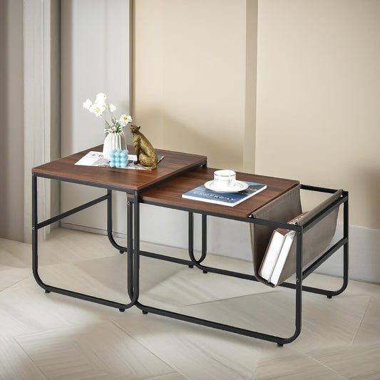 Set Of 2 Nest Of Stackable Side Tables Rustic Brown