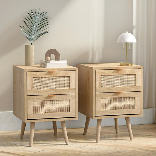 Set Of 2 Wooden Rattan Bedside Tables With 2 Drawers Brown