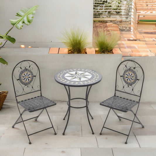 Set of 3 Bistro Set With Round Mosaic Table And 2 Armless Chairs Brown