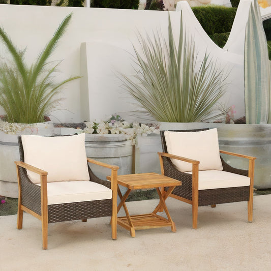 Set of 3 Bistro Wooden Table And Wicker Chairs Natural Brown