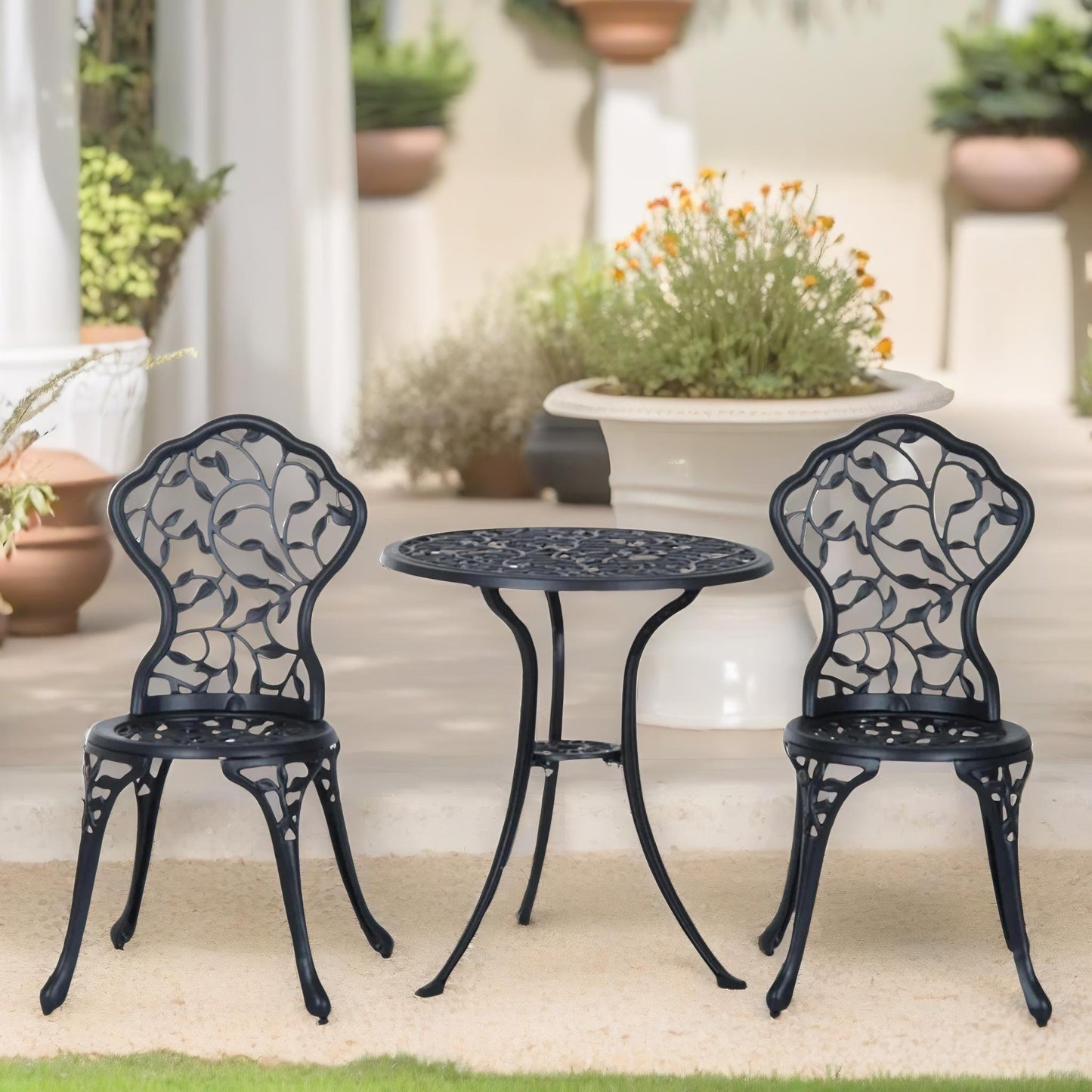 set of 3 cast aluminium bistro table and chair leaf design black