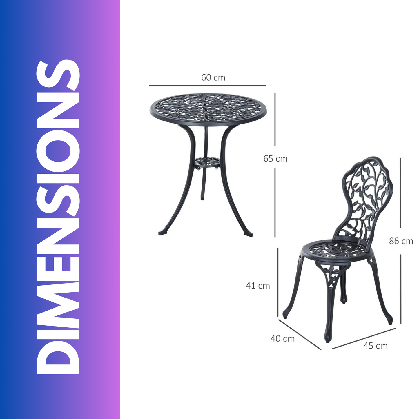 set of 3 cast aluminium bistro table and chair leaf design black