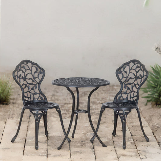 Set of 3 Cast Aluminium Bistro Table And Chair Leaf Design Black