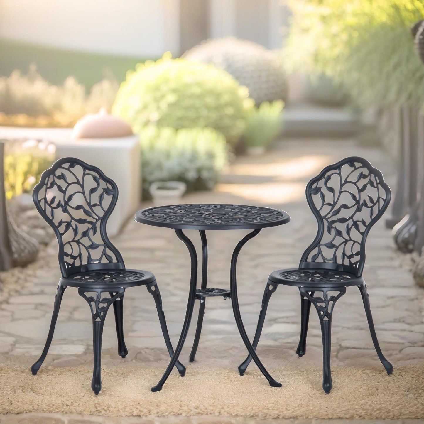 set of 3 cast aluminium bistro table and chair leaf design black