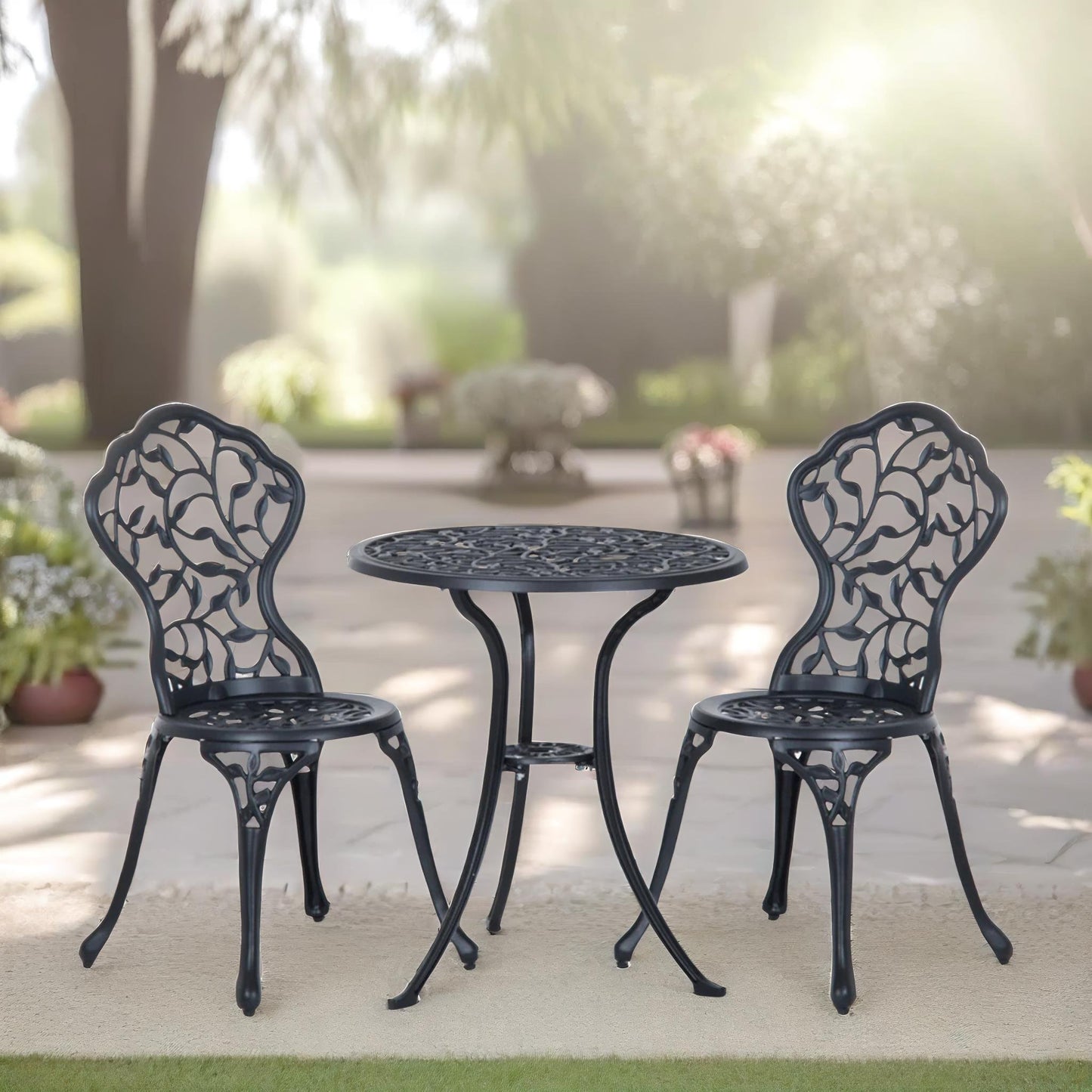 set of 3 cast aluminium bistro table and chair leaf design black