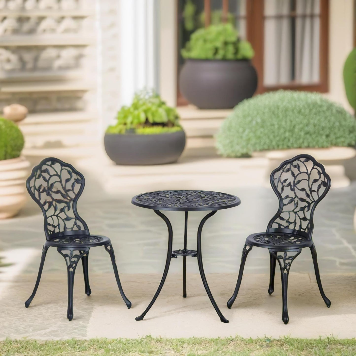 set of 3 cast aluminium bistro table and chair leaf design black