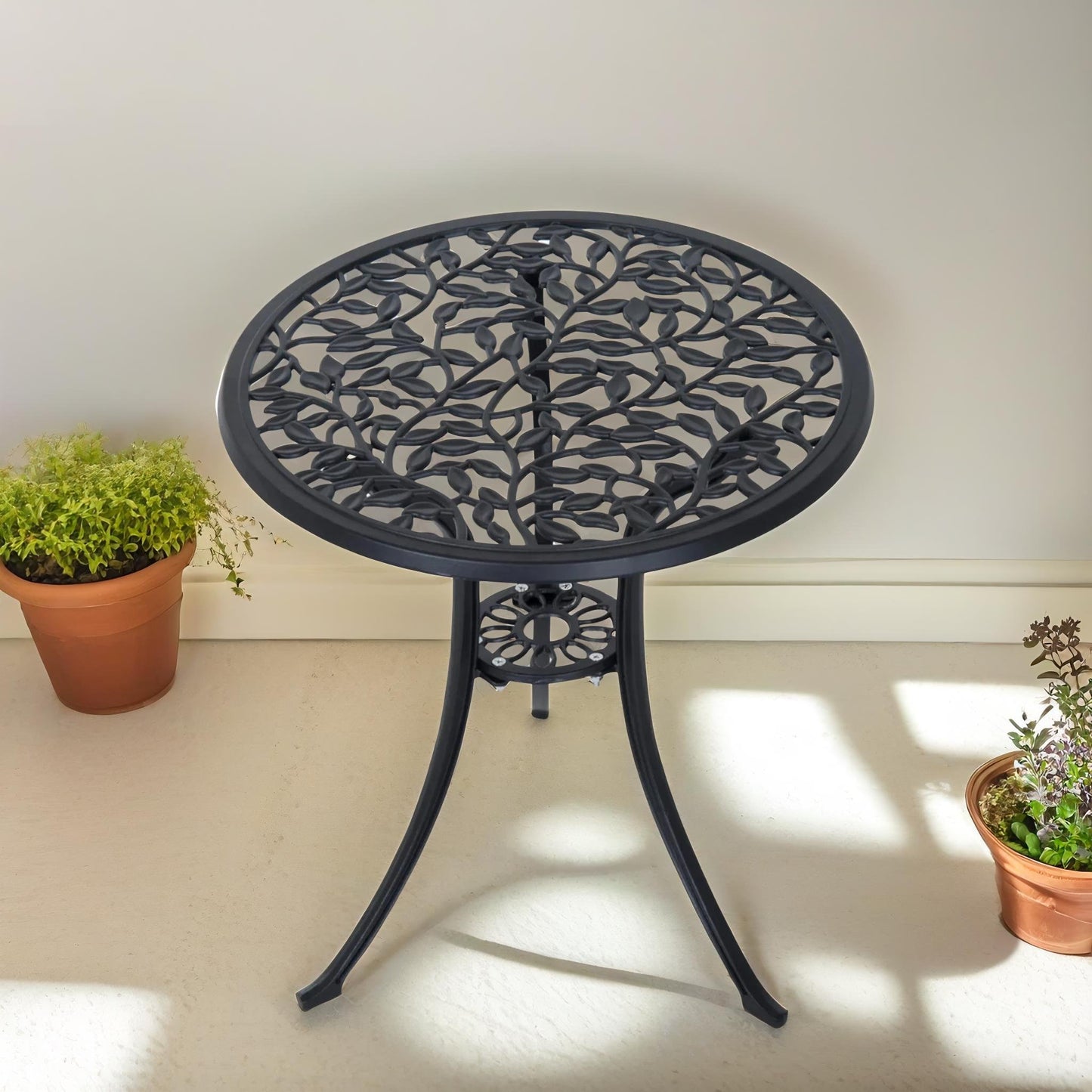 set of 3 cast aluminium bistro table and chair leaf design black