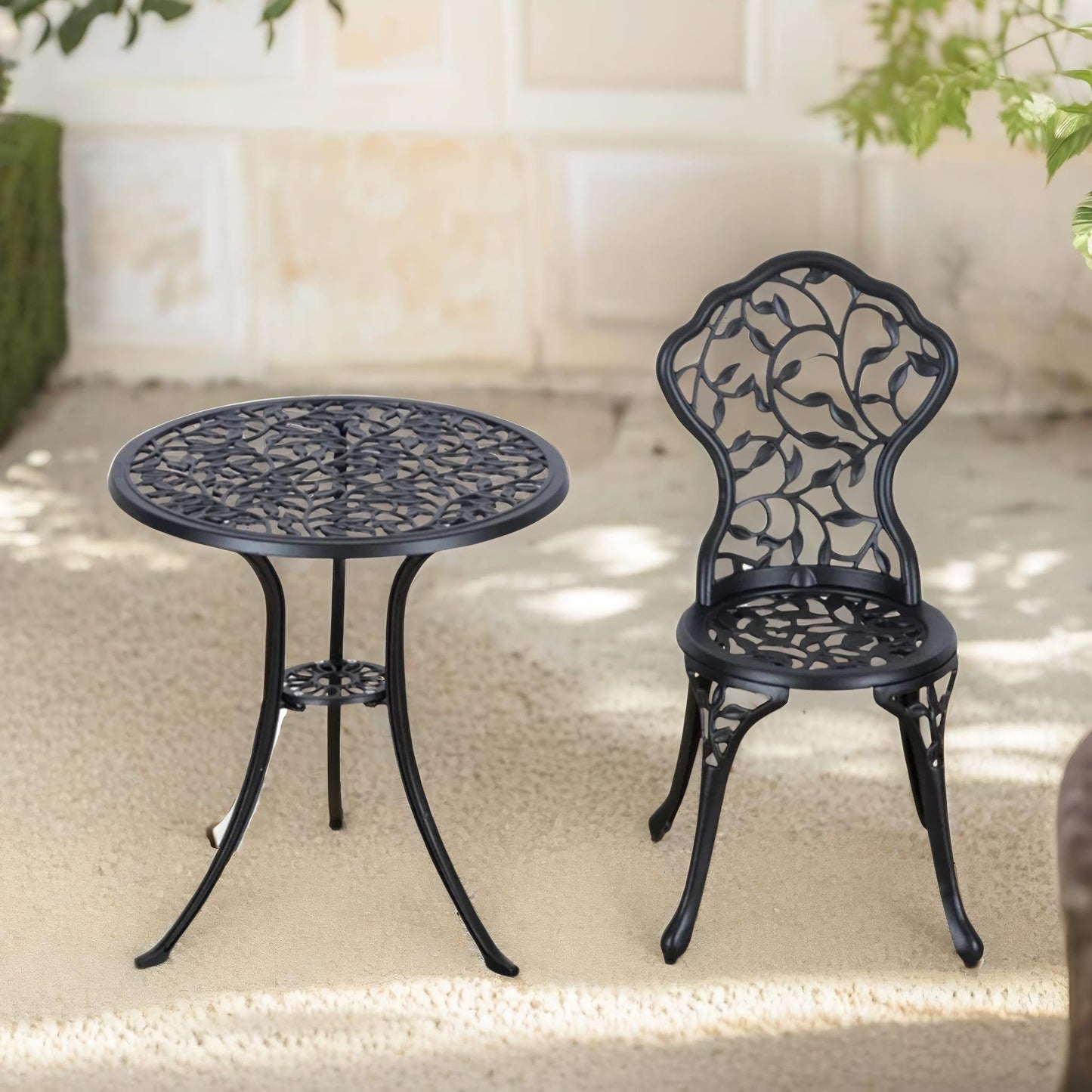 set of 3 cast aluminium bistro table and chair leaf design black