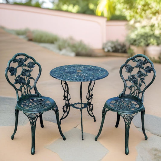 Set of 3 Cast Iron Rose Floral Bistro Table And Chair Green