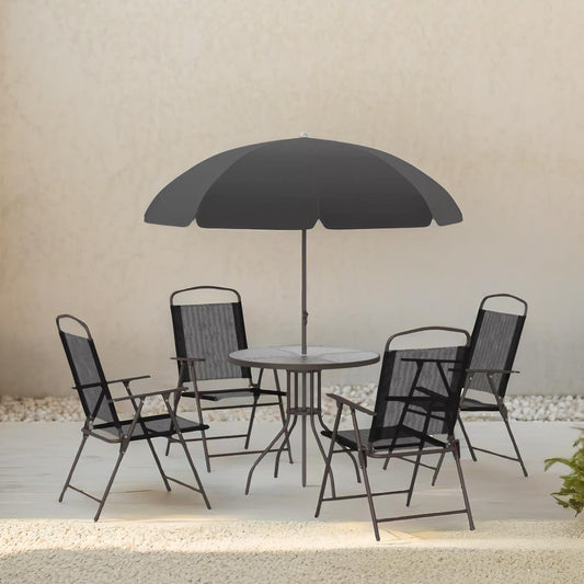 Set of 6 Patio Bistro Set With Parasol And Table Black