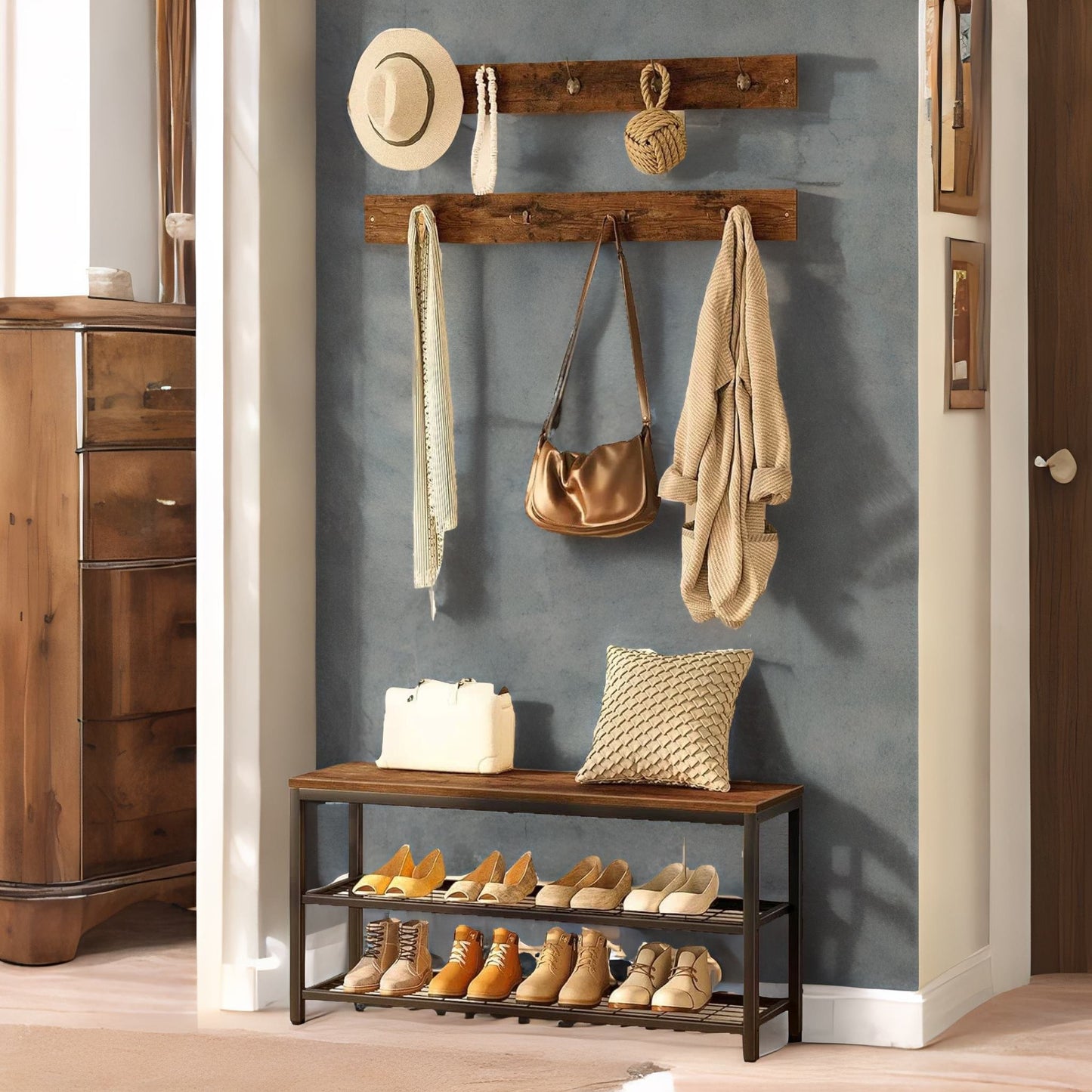 hallway shoe bench set with 9 hooks and shelf