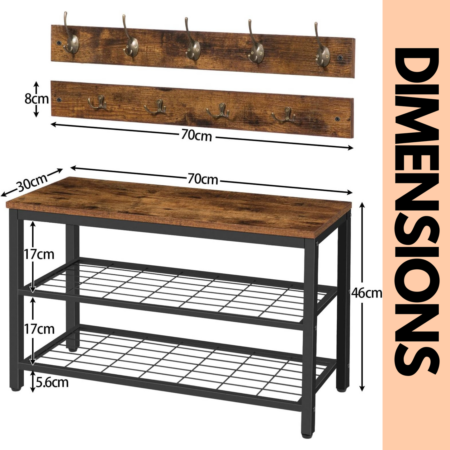 hallway shoe bench set with 9 hooks and shelf
