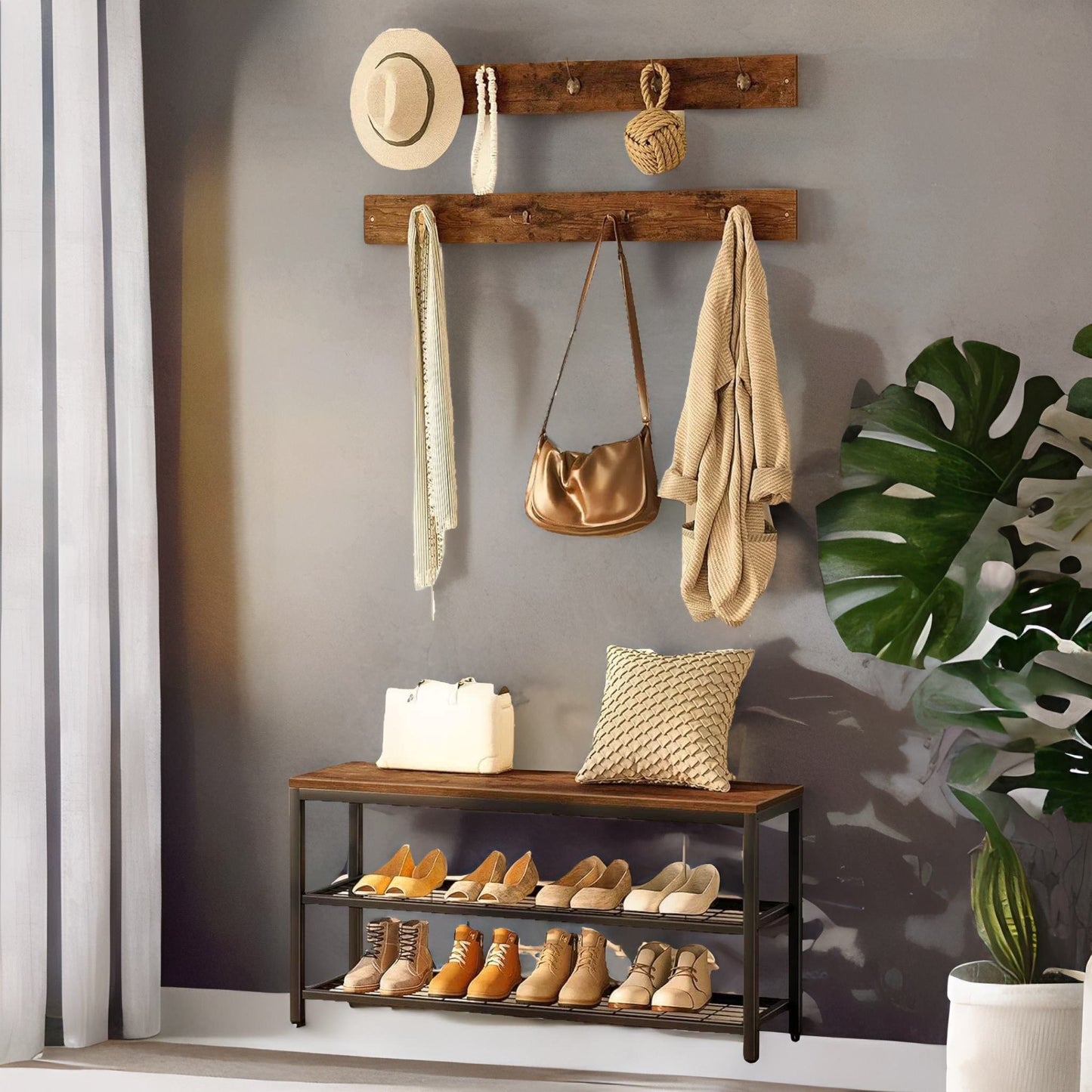 hallway shoe bench set with 9 hooks and shelf