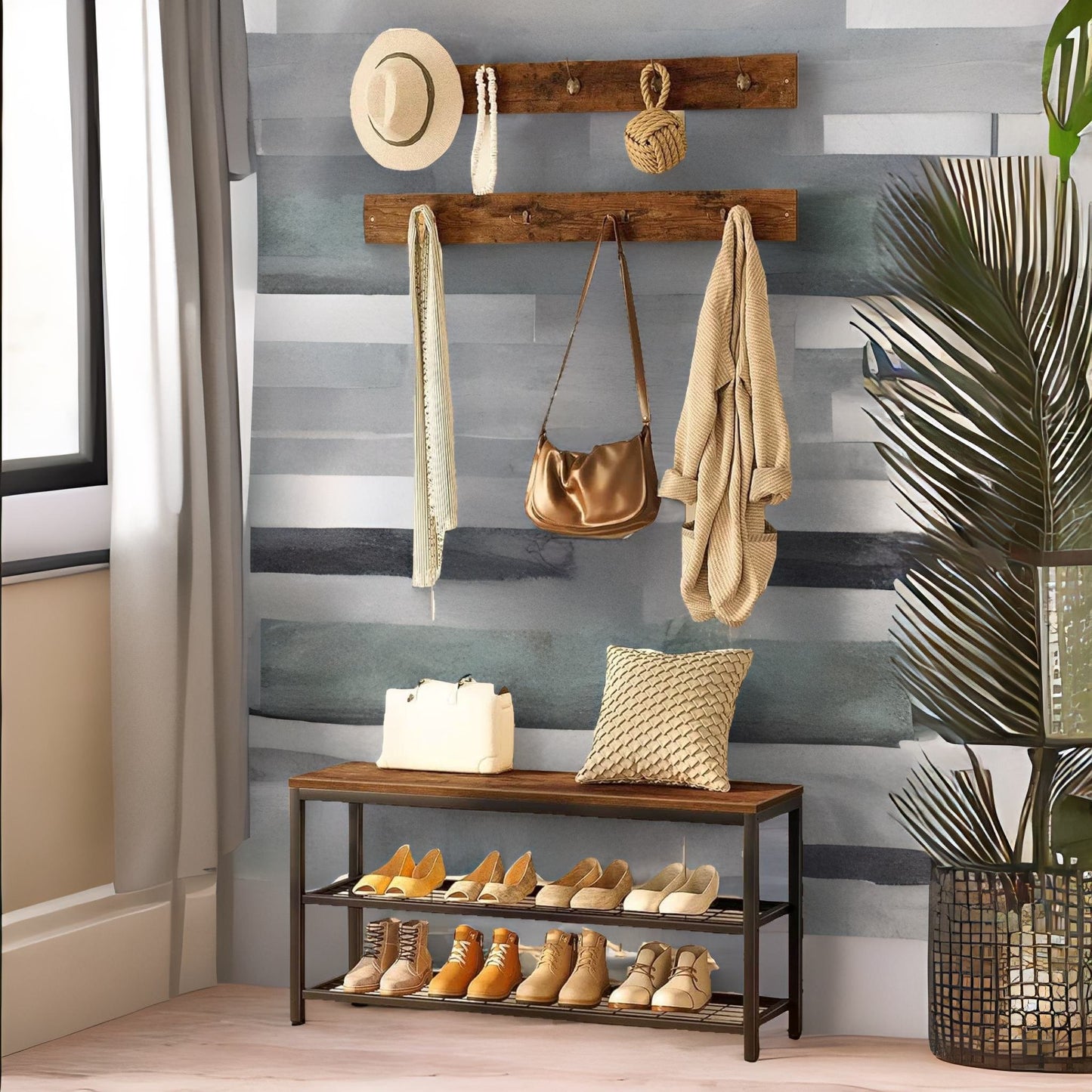 hallway shoe bench set with 9 hooks and shelf