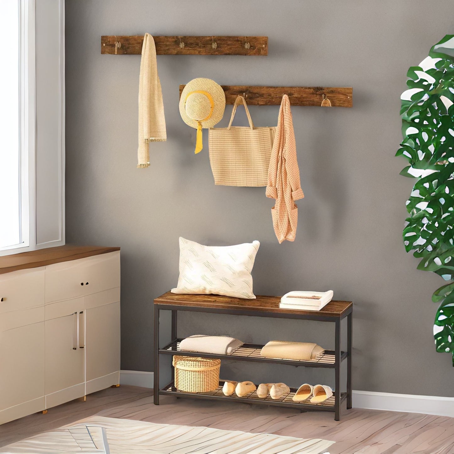 hallway shoe bench set with 9 hooks and shelf