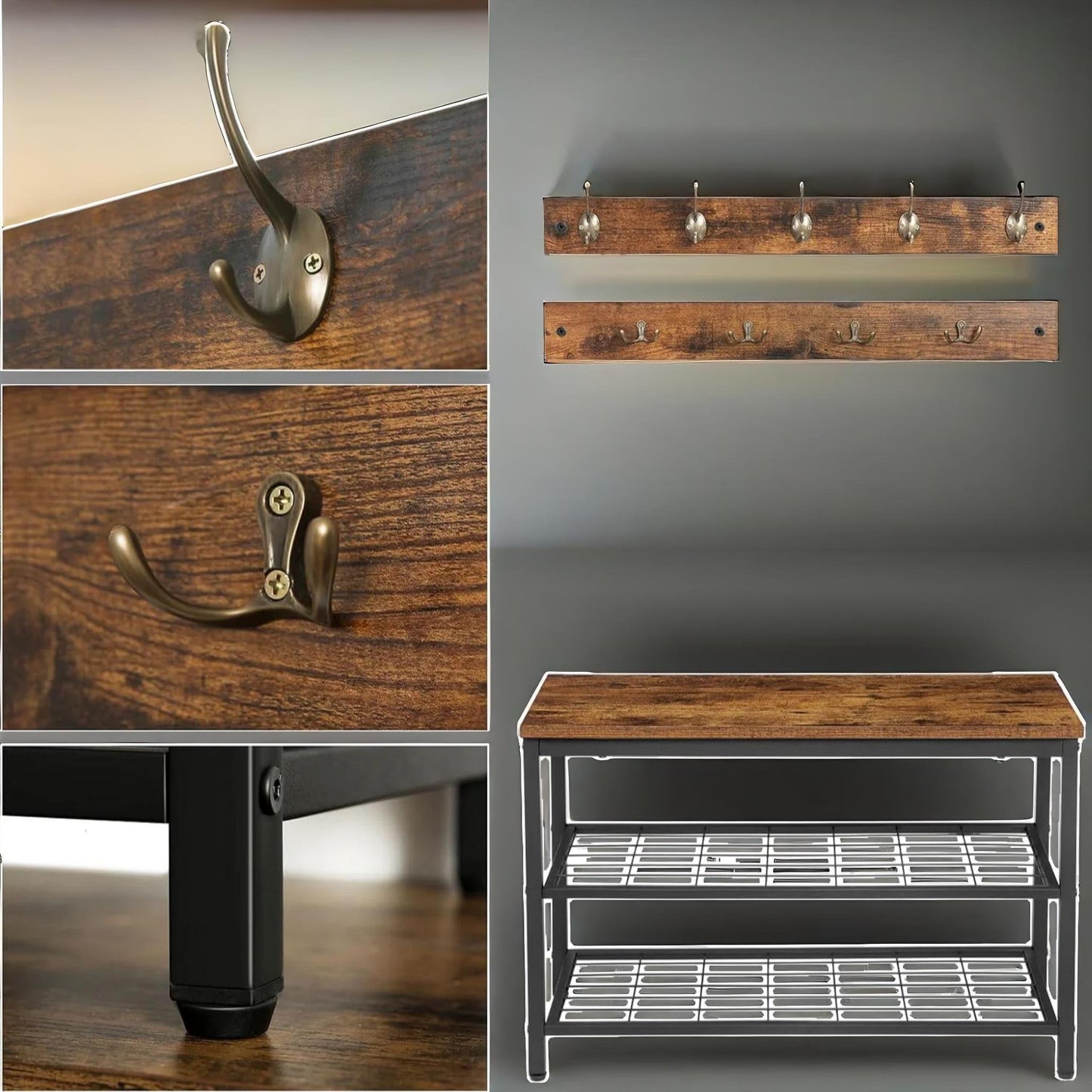 hallway shoe bench set with 9 hooks and shelf
