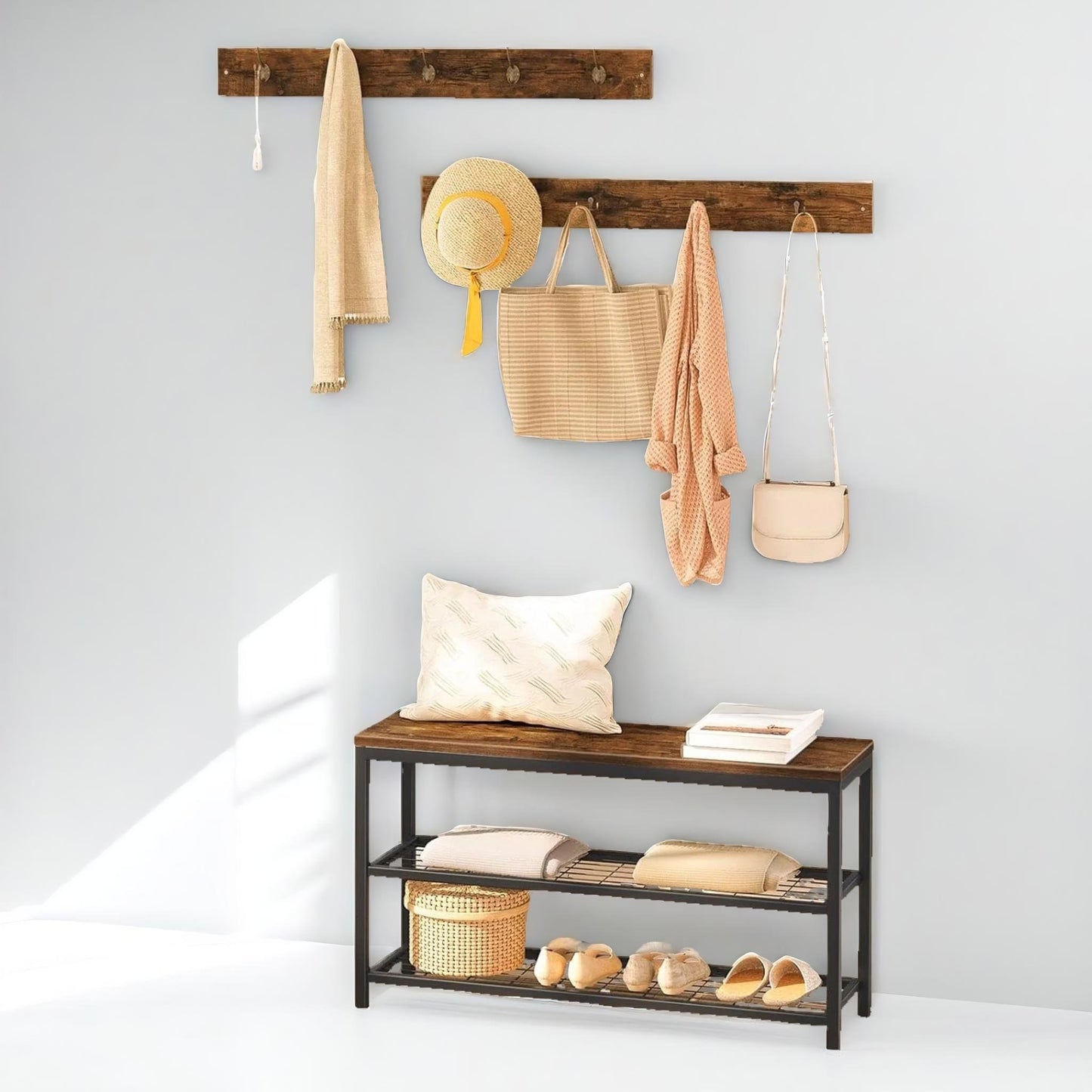 hallway shoe bench set with 9 hooks and shelf