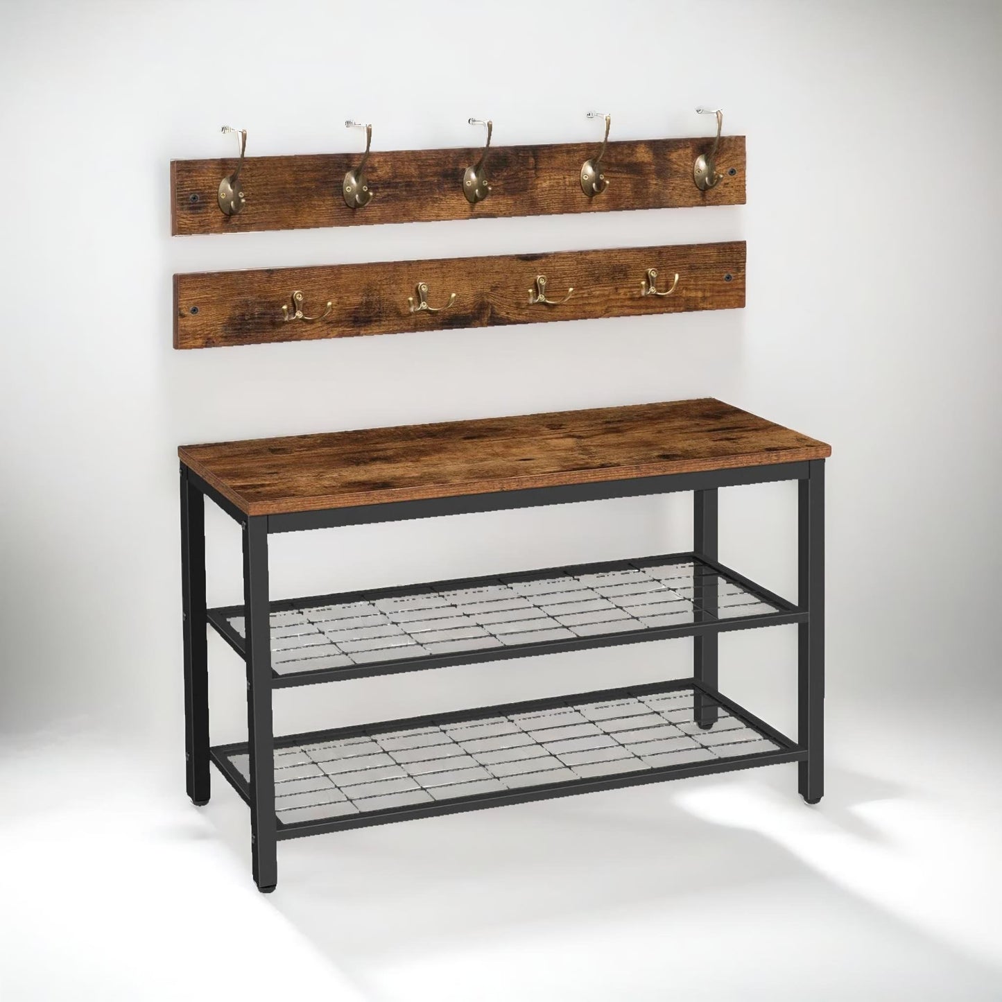 hallway shoe bench set with 9 hooks and shelf
