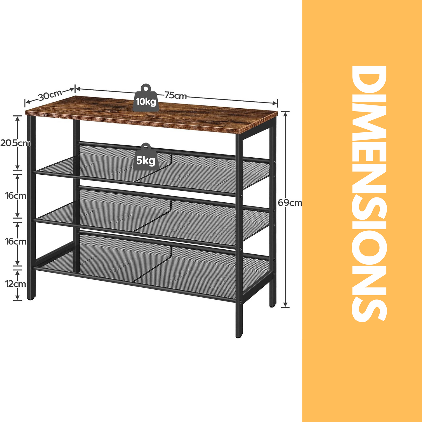 4-tier shoe rack with 3 adjustable mesh shelves