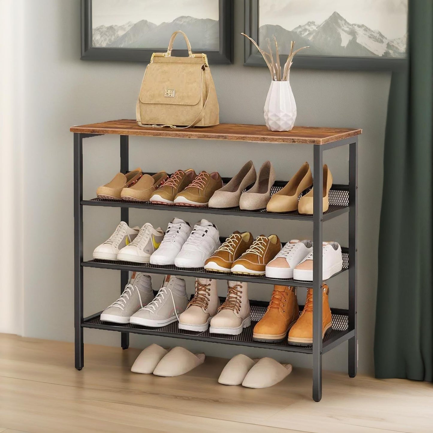 4-tier shoe rack with 3 adjustable mesh shelves