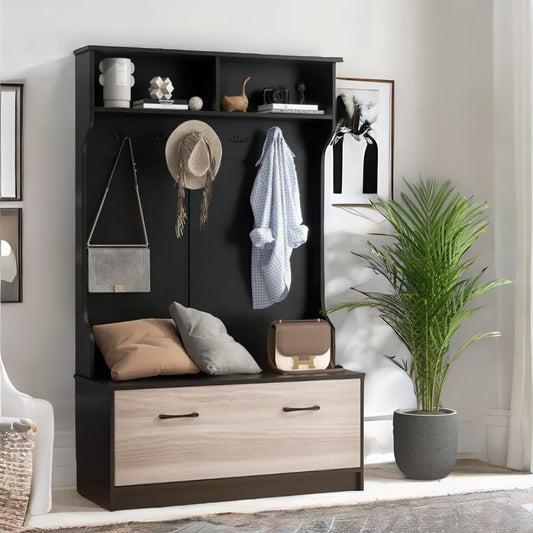 160CM Tall Hall Tree Coat Stand With Shoe Rack And Storage Shelves Black
