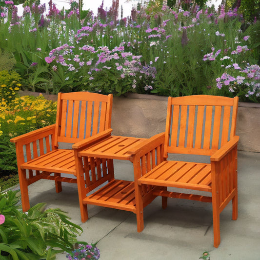 Wooden 2 Seater Outdoor Bench With 2 Tier Table Brown