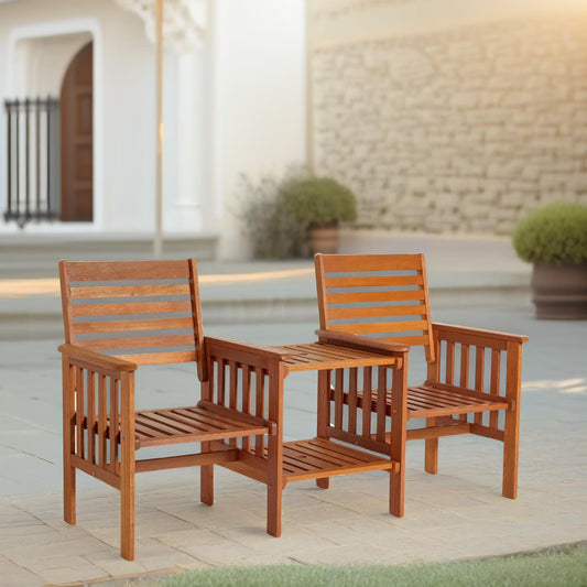 Wooden 2 Seater Outdoor Bench With 2 Tier Table Love Seat Natural Brown