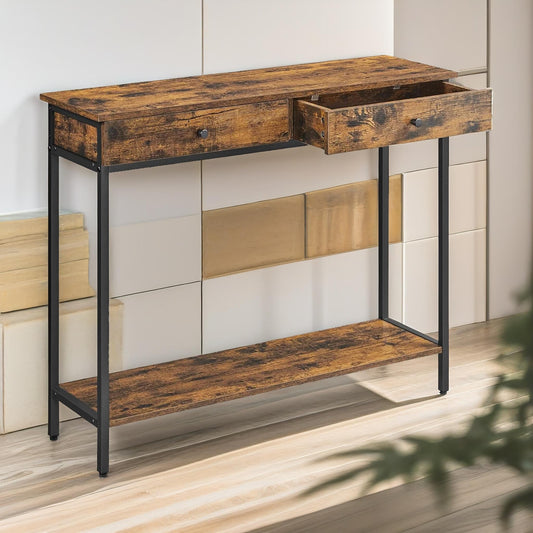 2 Tier Hallway Slim Console Table With 2 Drawers Rustic Brown