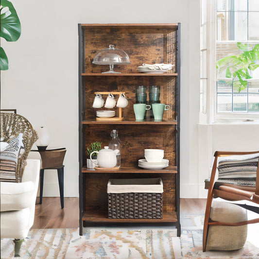 Industrial 4 Tier Bookcase Storage Cabinet Rustic Brown