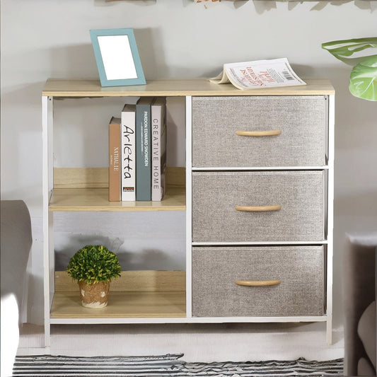 Bedroom Chest Dresser With 3 Fabric Drawers And Shelves Beige