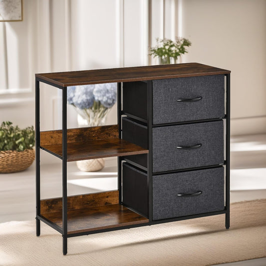 Bedroom Chest Dresser With 3 Fabric Drawers And Shelves Rustic Brown