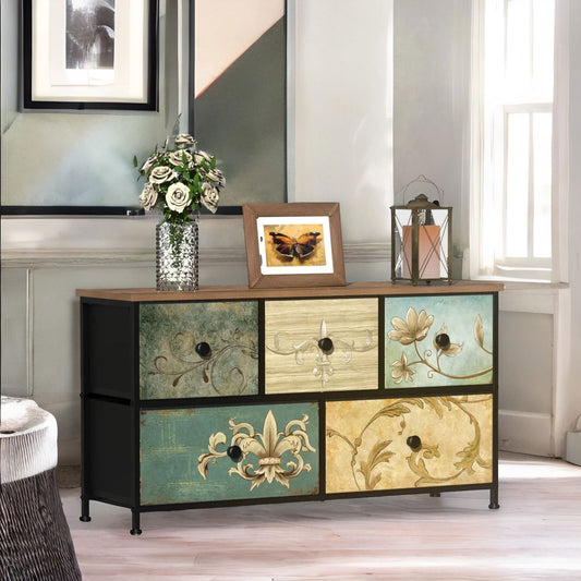 5 Fabric Drawer Bedroom Dresser With Floral Patterns Storage Organiser Rustic Brown