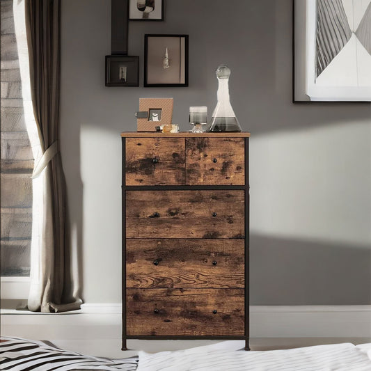5 Fabric Drawer Bedroom Dresser Storage Organiser Rustic Brown