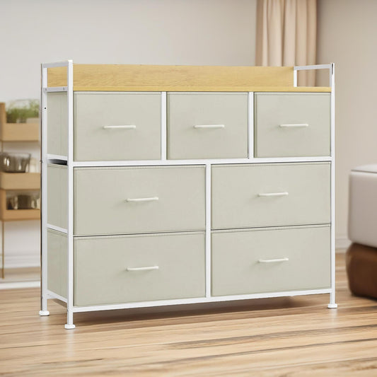 Industrial Bedroom Chest With 7 Fabric Drawers Cream
