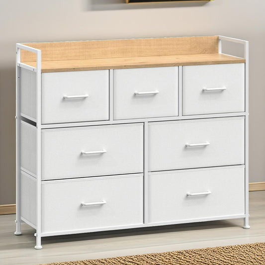 Industrial Bedroom Chest With 7 Fabric Drawers White