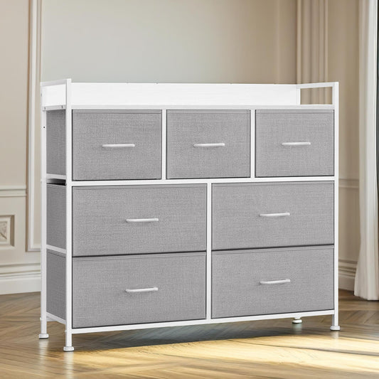 Industrial Bedroom Chest With 7 Fabric Drawers Light Grey