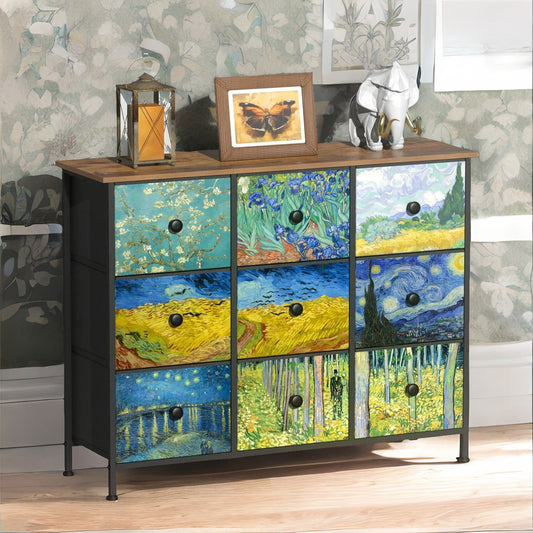 9 Fabric Drawer Bedroom Dresser With Abstract Patterns Storage Organiser Rustic Brown