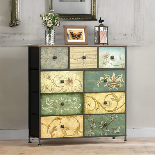9 Fabric Drawer Bedroom Dresser With Floral Patterns Storage Organiser Rustic Brown