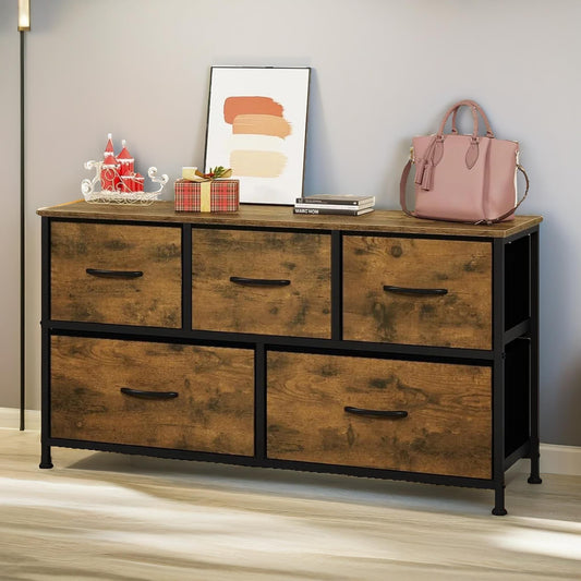 Bedroom Dresser With 5 Fabric Storage Drawers Rustic Brown