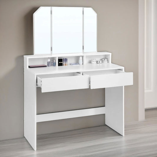 2 Drawer Dressing Table With Tri-Fold Mirror White