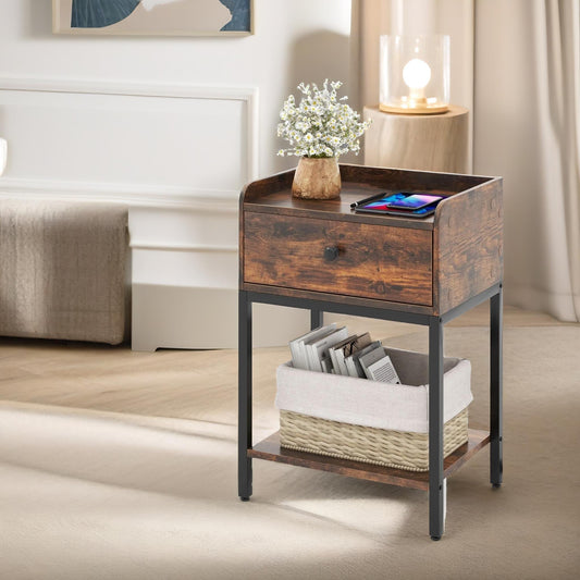 Bedside Nightstand Table With Drawer Rustic Brown