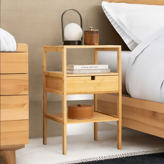 Bamboo Bedside Table With Drawer and Shelf Natural Brown