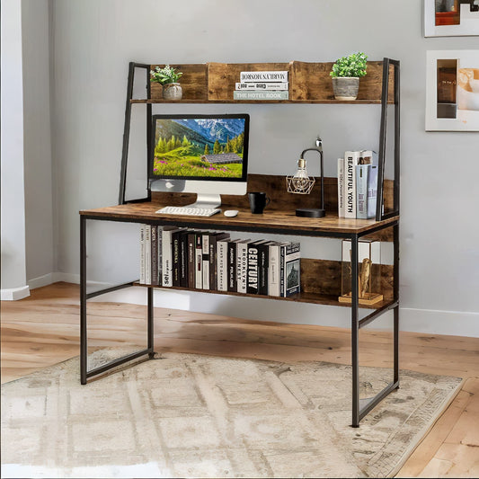 Industrial 120CM Wide Computer Desk With Storage Shelves Rustic Brown