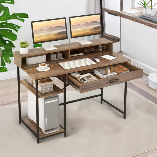Computer Desk With Monitor Stand, Shelves And Drawer Rustic Brown