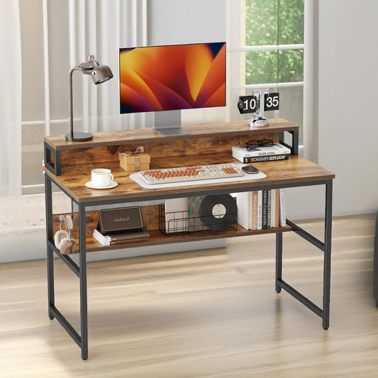 Industrial 120CM Computer Desk With Monitor Stand And Shelves Rustic Brown