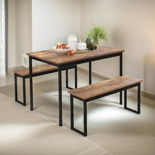 Industrial Dining Table Set With 2 Benches Rustic Brown
