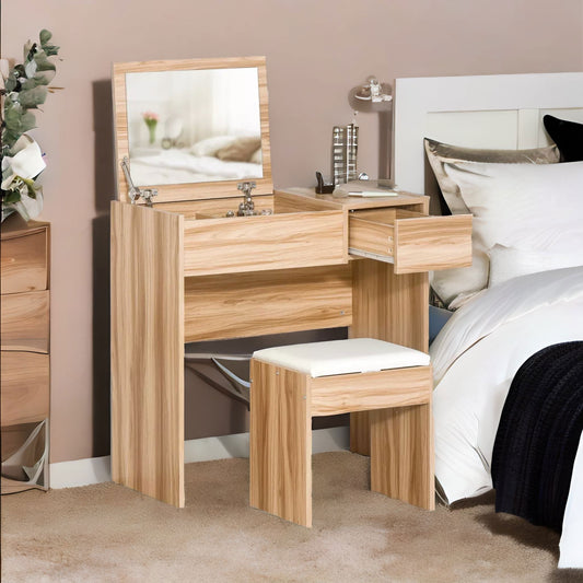 2-in-1 Flip-Up Dressing Table Workstation With Stool Natural Brown